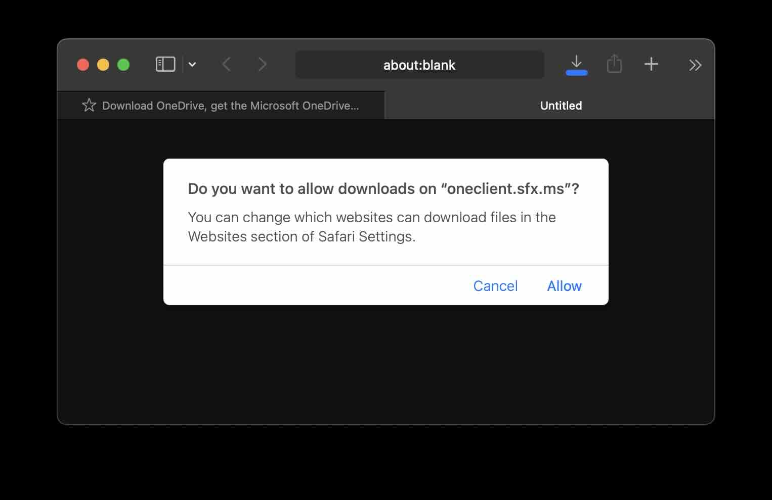 Do you want to allow downloads on oneclient.sfx.ms